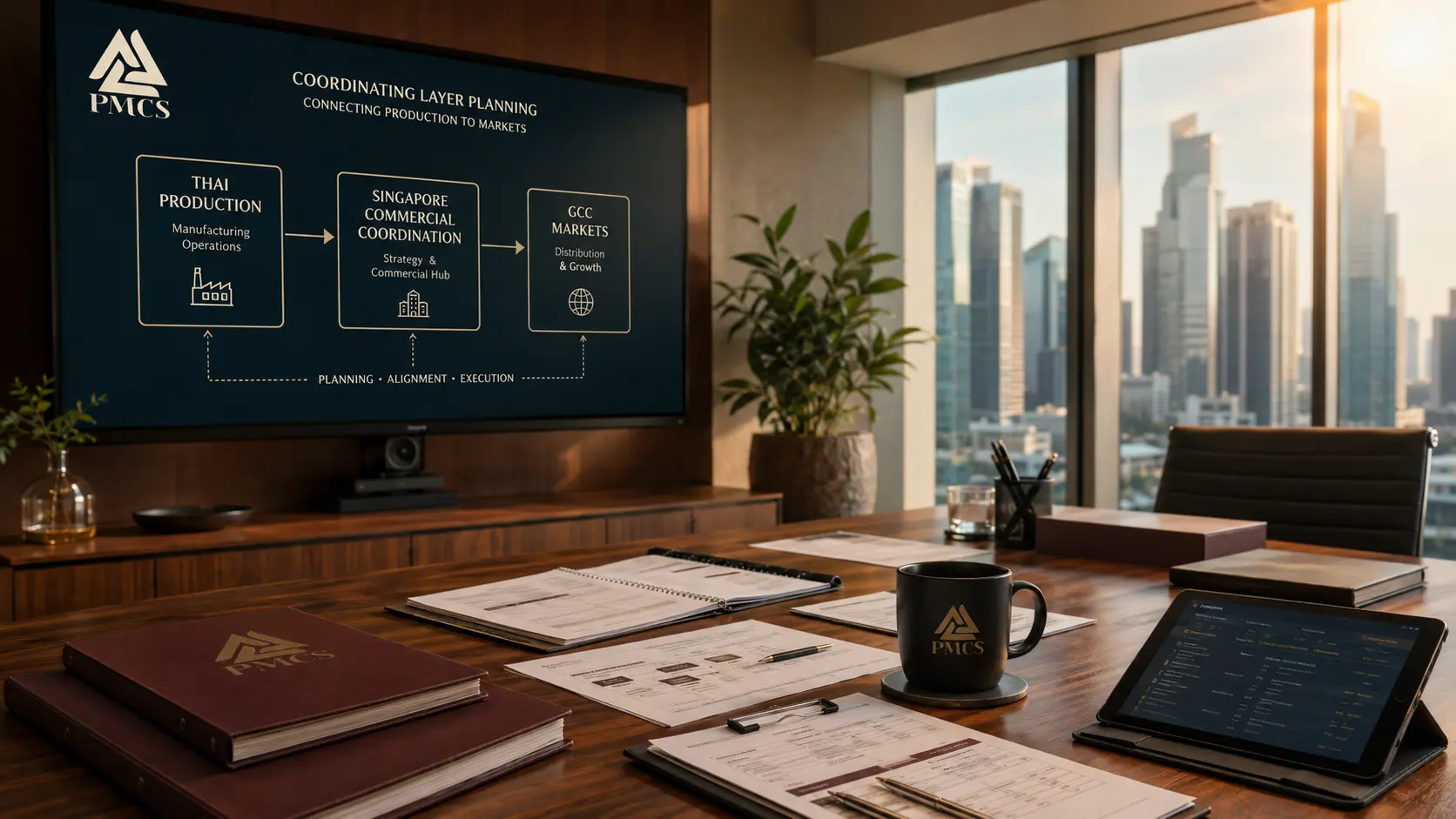 PMCS coordination workspace presenting the connection between Thailand production, Singapore commercial coordination and GCC markets