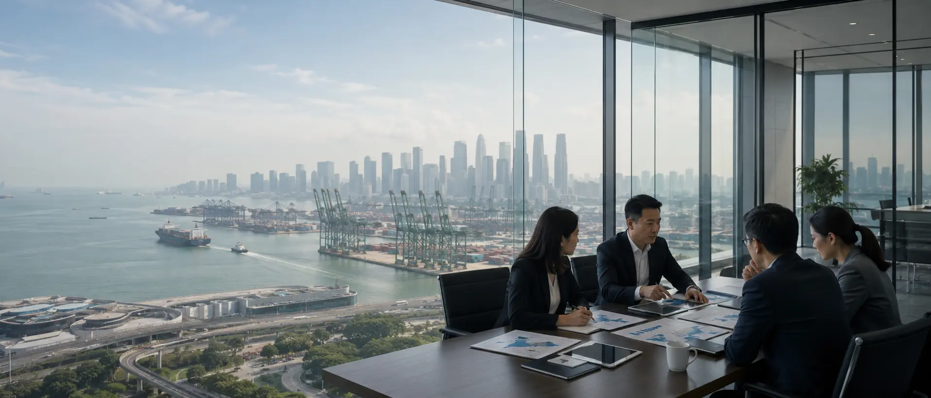 Commercial meeting overlooking Singapore port infrastructure