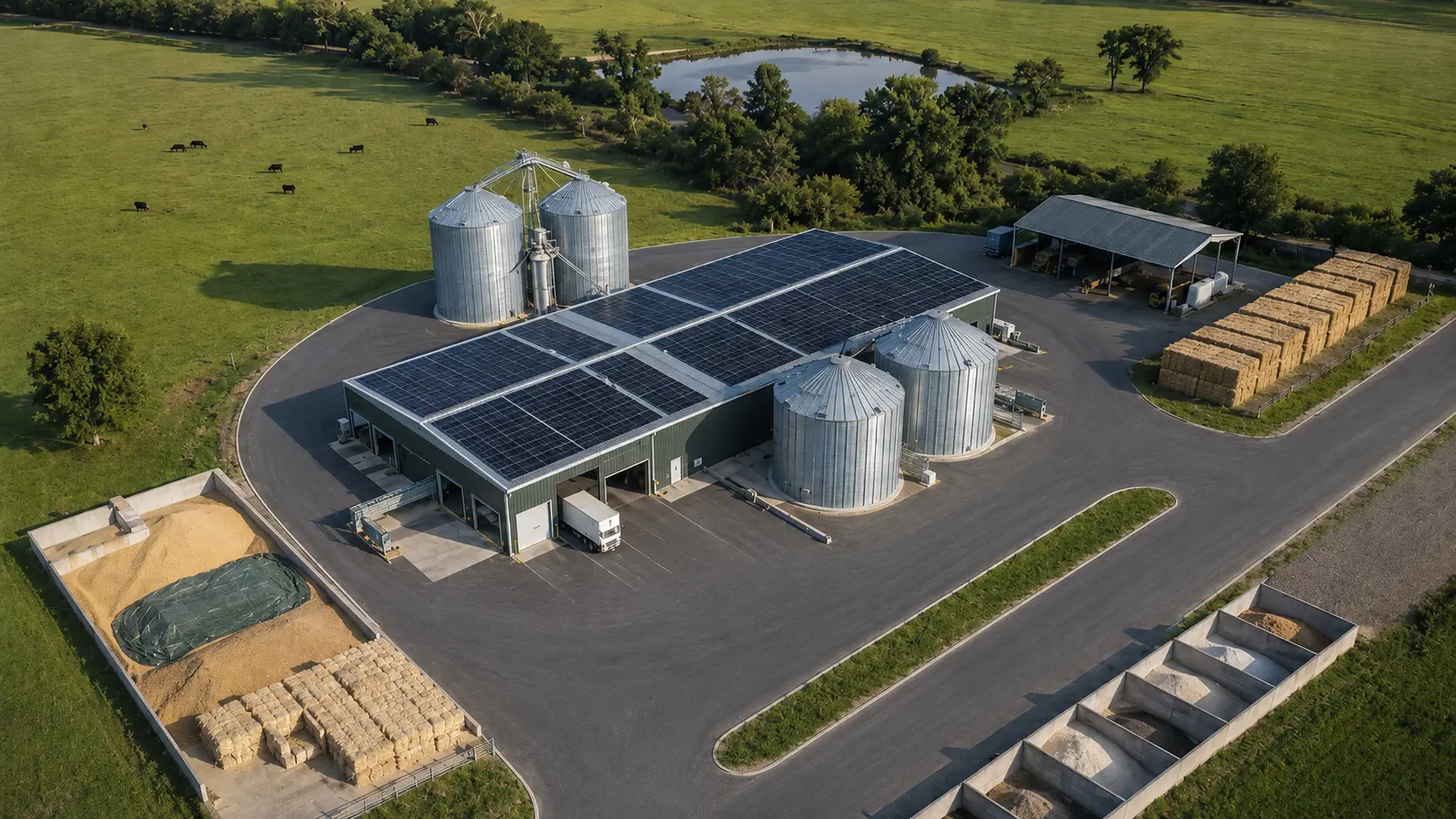Conceptual aerial view of an agricultural processing facility surrounded by fields.