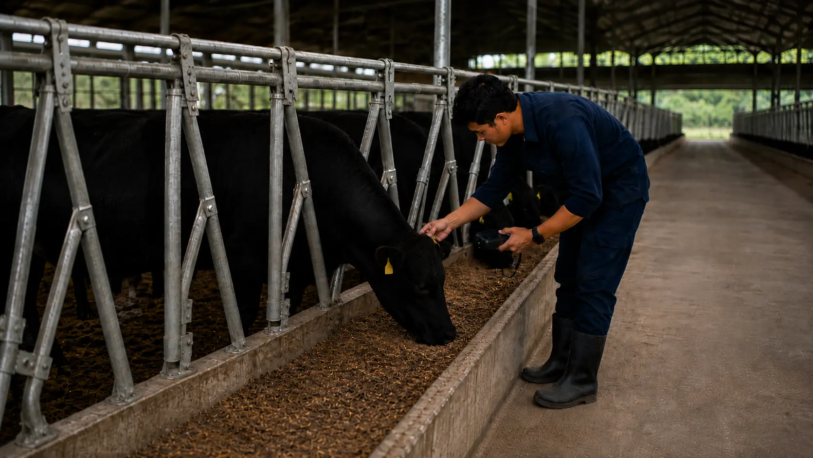 Conceptual agricultural operator recording cattle identification information in a covered feeding area.
