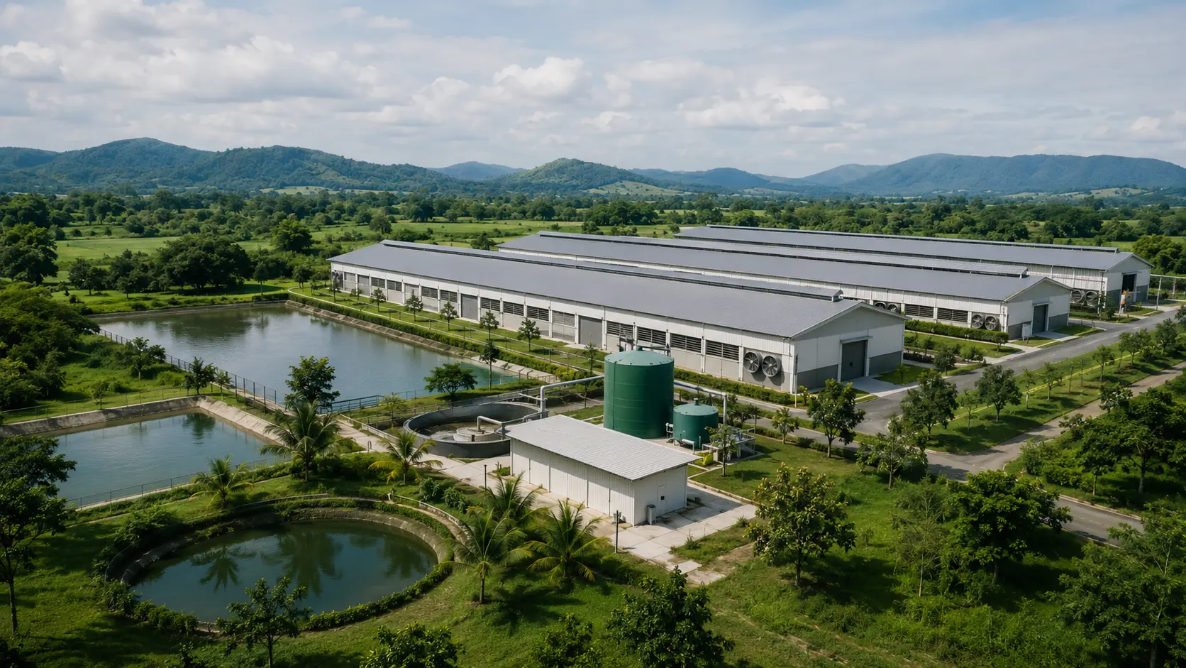 Conceptual aerial view of an agricultural campus within a broad regional landscape.