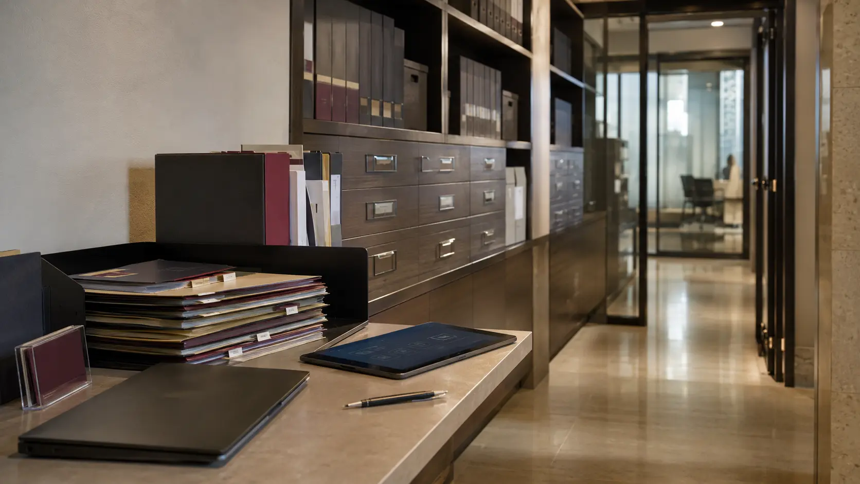 Editorial office scene with organised documents, a tablet and filing cabinets.