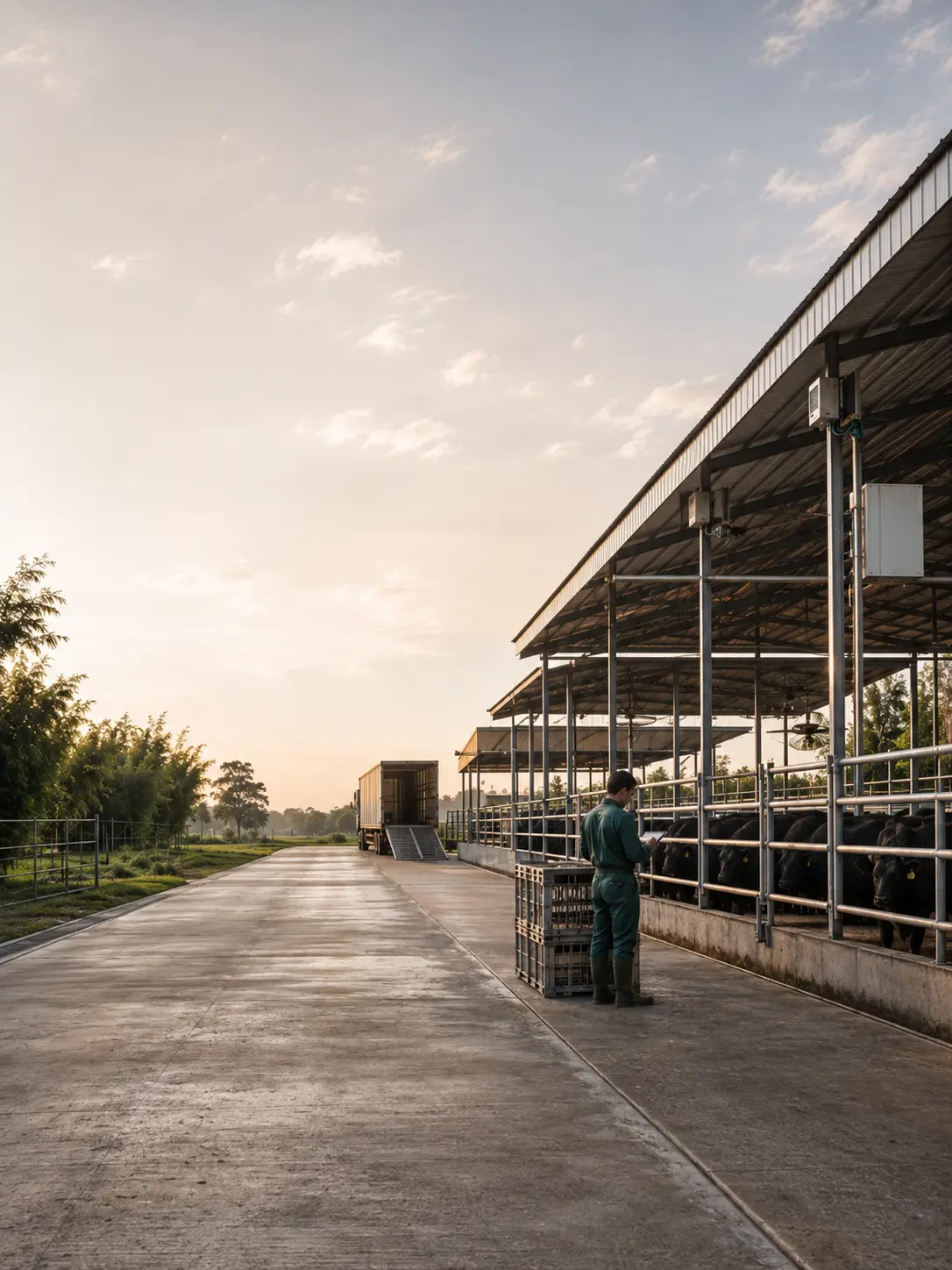 Illustrative editorial view of organised livestock operations and production infrastructure.